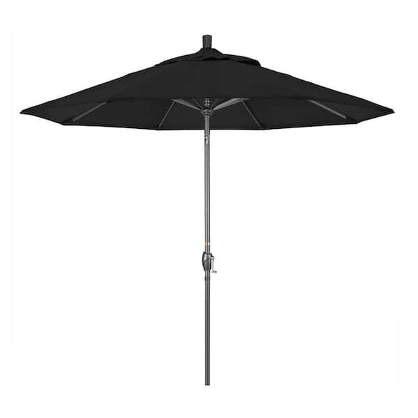 California Umbrella 9 ft. Hammertone Grey Aluminum Market Patio Umbrella with Push Button Tilt Crank Lift in Black Sunbrella