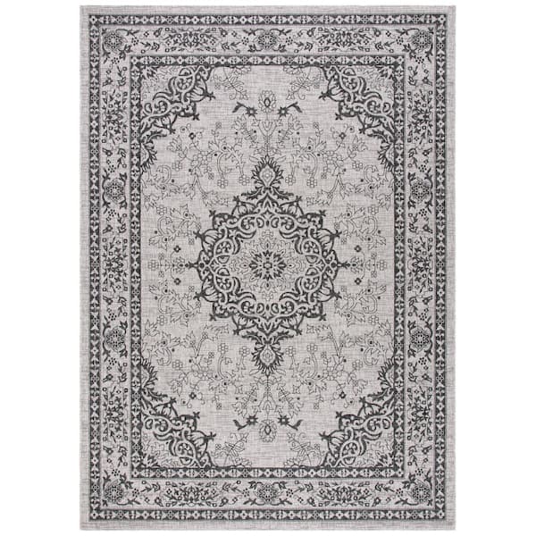 Courtyard Beige/Black 8 ft. x 11 ft. Distressed Border Ornate Indoor/Outdoor Area Rug