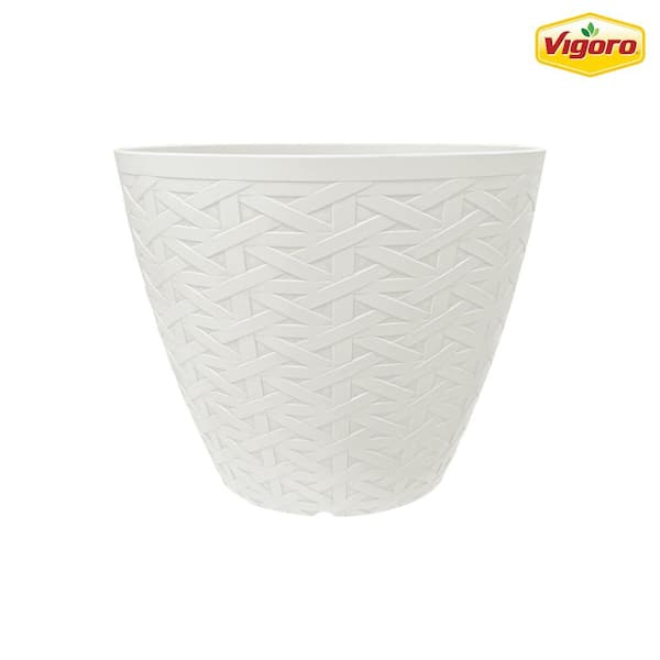 Vigoro 13 in. Kingfield Medium Beige Woven Texture Resin Planter (13 in. D x 10.8 in. H) with Drainage Hole