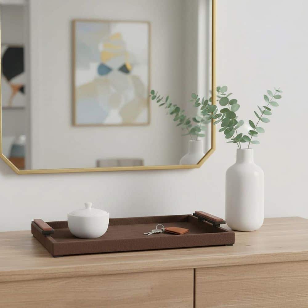 Brown 19 in. Rectangle Wood Handcrafted Tray with Smooth Suede-Textured Surface