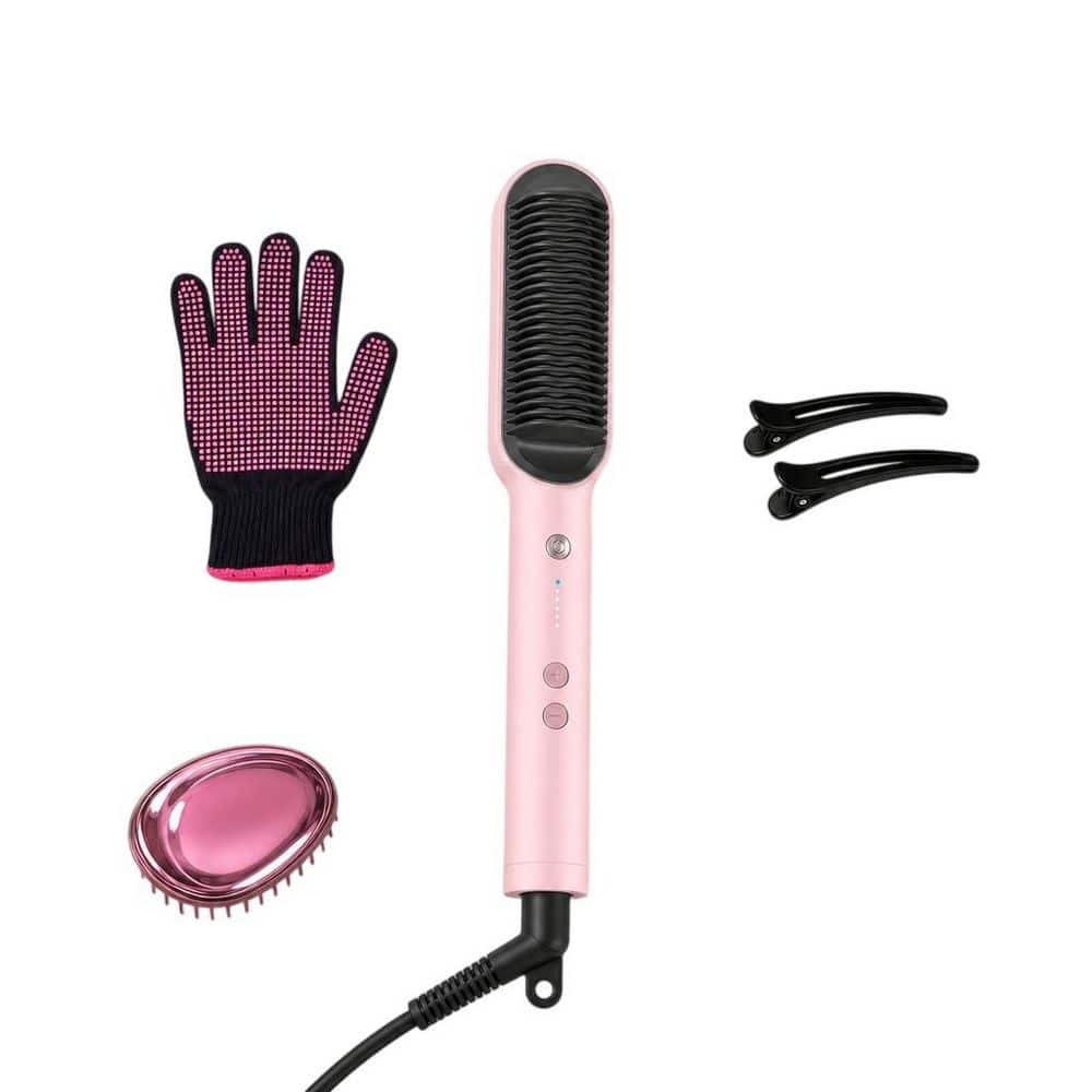 Pink Hair Straightener Brush with 5-Temps, 20s Fast Heating and Dual Voltage for Women, Ring Hair Straightening Comb