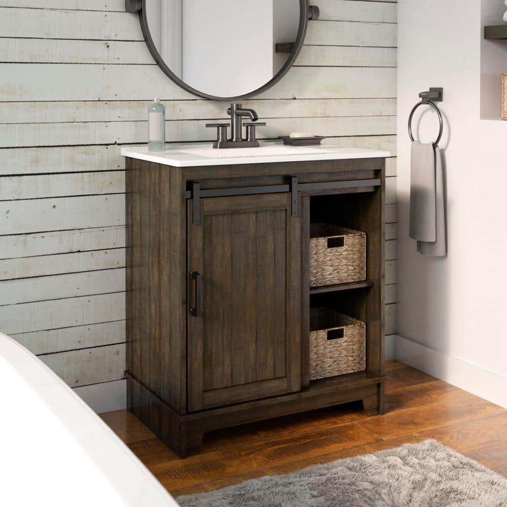 Antique Brown Cherry 30" Farmhouse Sliding Barn Door Bathroom Vanity