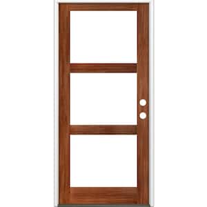 42 in. x 96 in. Modern Hemlock Left-Hand/Inswing 3-Lite Clear Glass Red Chestnut Stain Wood Prehung Front Door
