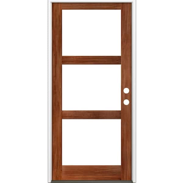 Krosswood Doors 42 in. x 96 in. Modern Hemlock Left-Hand/Inswing 3-Lite Clear Glass Red Chestnut Stain Wood Prehung Front Door