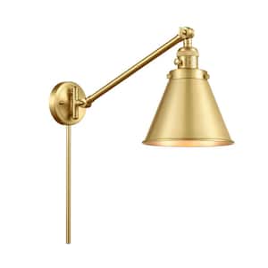 Appalachian 8 in. 1-Light Satin Gold Wall Sconce with Satin Gold Metal Shade with On/Off Turn Switch