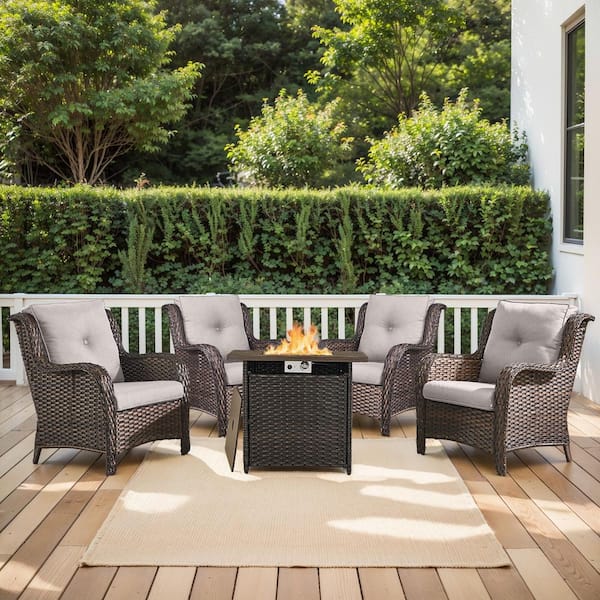 5-Piece Brown Wicker Fire Pit Conversation Set with Olefin Beige Cushions and Curved Arm Lounge Chairs