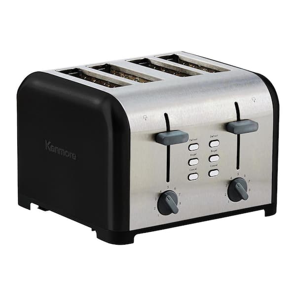 KENMORE 4-Slice Toaster, BlackStainless Steel, Dual Controls, Extra Wide Slots, Bagel and Defrost