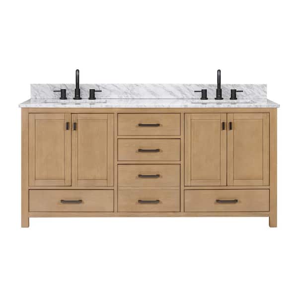 Modero 73 in. Double Sink Brushed Oak Bath Vanity with Carrara White Marble Top