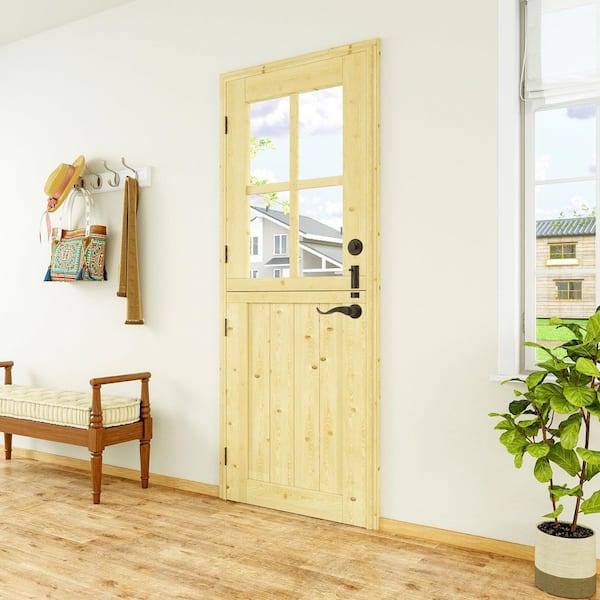 32 in. x 80 in. Universal 4-Lite Clear Glass and 2-Panel Unfinished Dutch Door with Lock Wood Front Door Slab