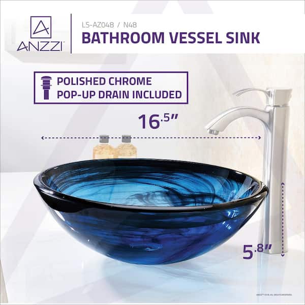 ANZZI - Thalu Series 17 in. Bathroom Vessel Sink with Scratch-Tough and Stain-Resistant Surface in Sapphire Wisp Glass
