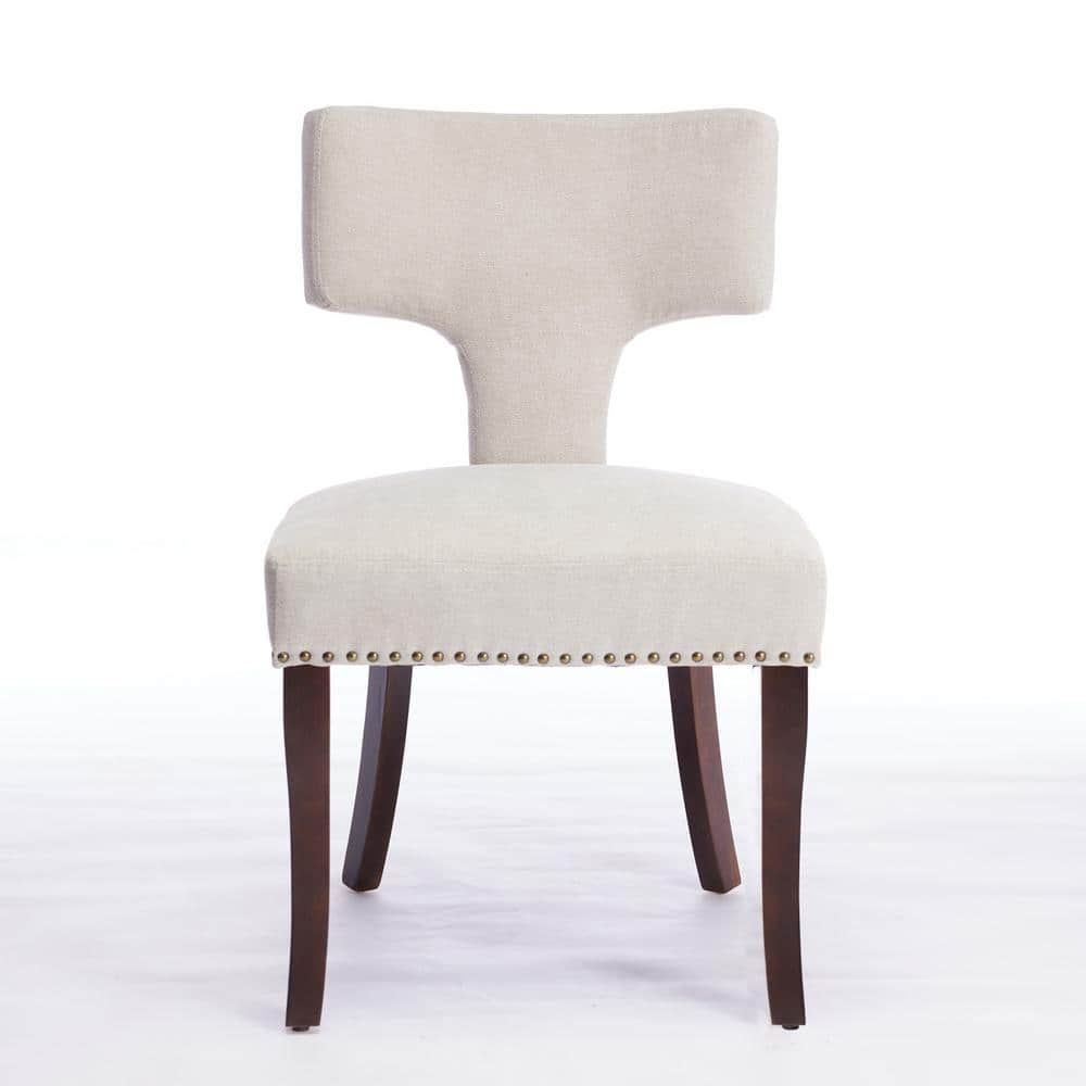 2-Piece Beige Steel Metal Outdoor Dining Chairs with Beige Cushions, Chair Curved Backrest with Copper, Brown Wood Legs