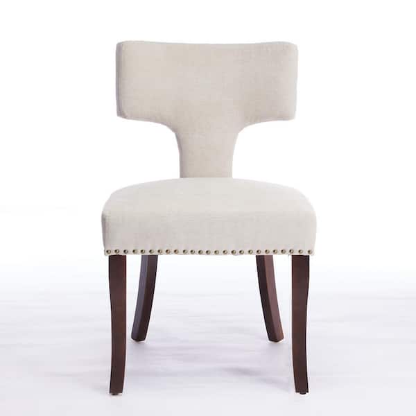 Zeus & Ruta 2-Piece Beige Steel Metal Outdoor Dining Chairs with Beige Cushions, Chair Curved Backrest with Copper, Brown Wood Legs