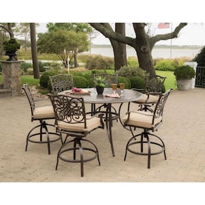 Traditions 7-Piece Aluminum Outdoor High Dining Set with Swivel Chairs with Natural Oat Cushions