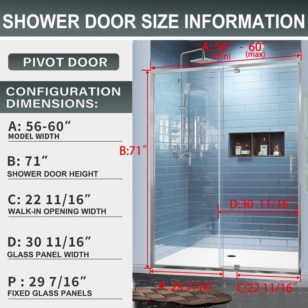 60 in. Chrome Semi-Frameless Pivot Shower Door with Clear Glass