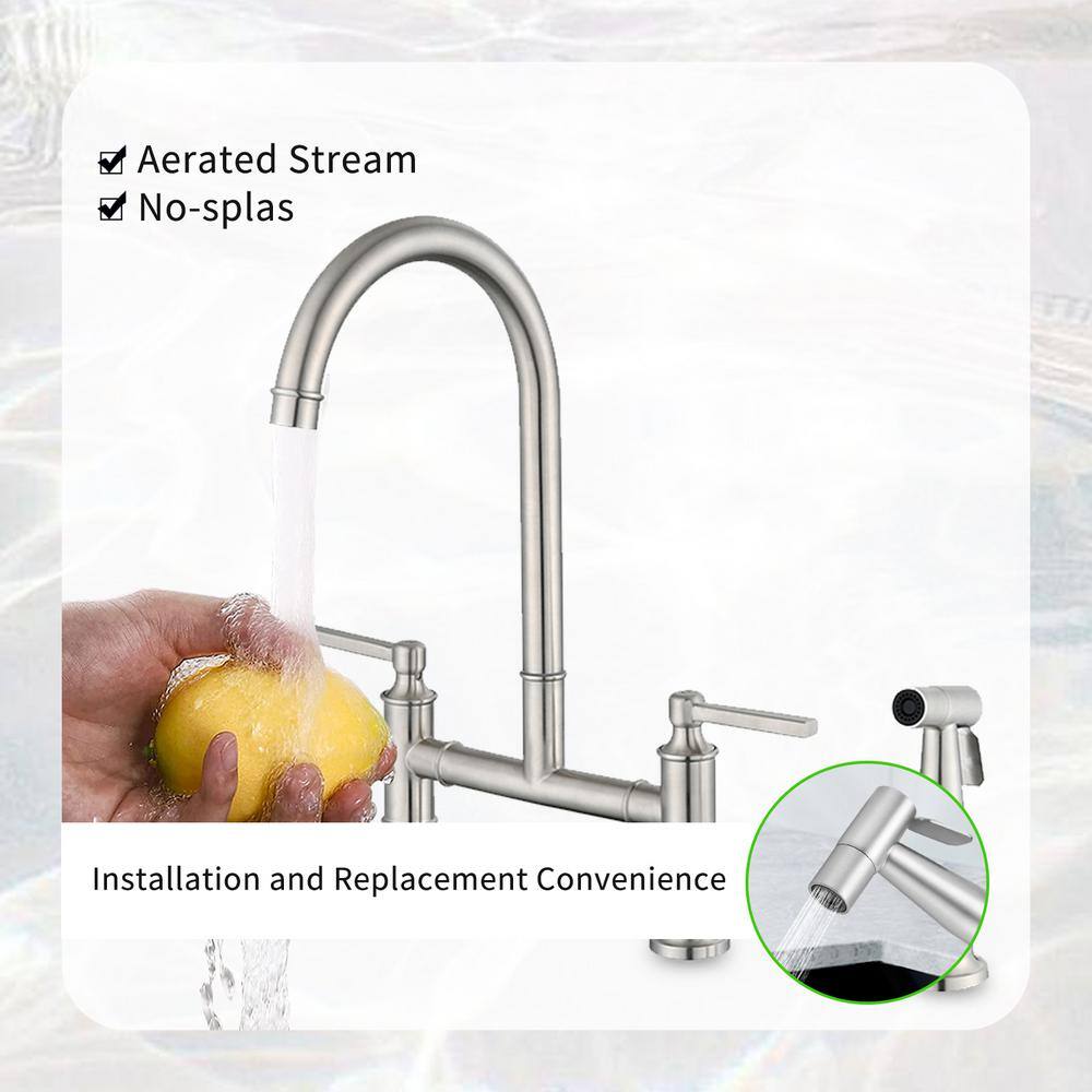 Brushed Nickel Double Handle Bridge Kitchen Faucet with Side Spray