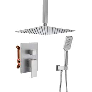 Square 3-Spray Patterns 12 in. Ceiling Mount Rain Dual Shower Heads with Handheld and Valve in Brushed Nickel