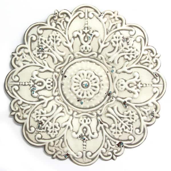 HomeRoots Small White Medallion Distressed Metal Wall Decor