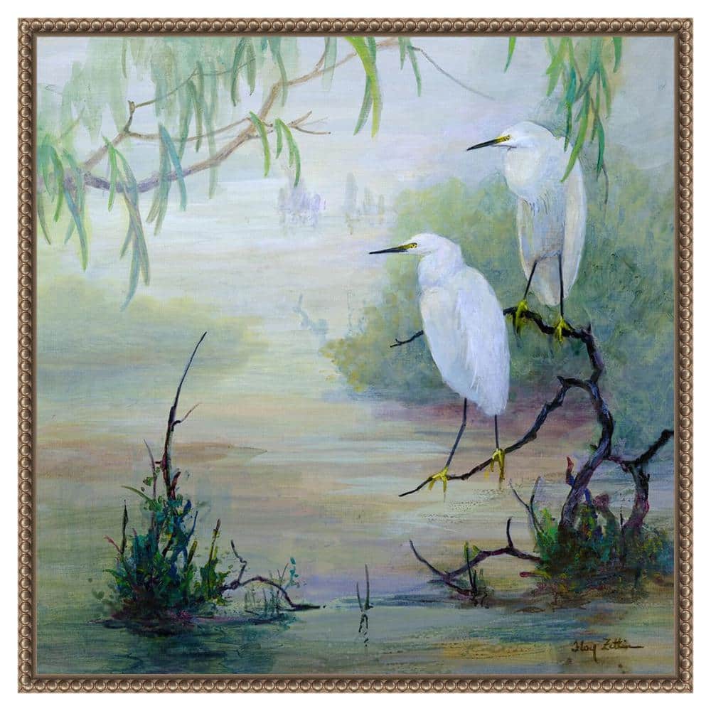 Snowy Egrets in Wetlands Bronze Framed Canvas Wall Art