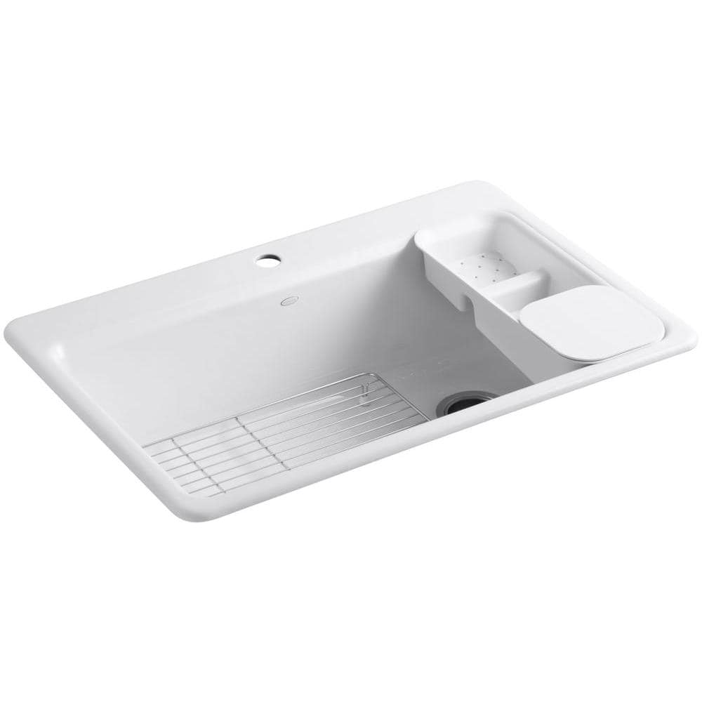 Elegant Riverby 33" White Cast Iron Single-Bowl Kitchen Sink with Accessories