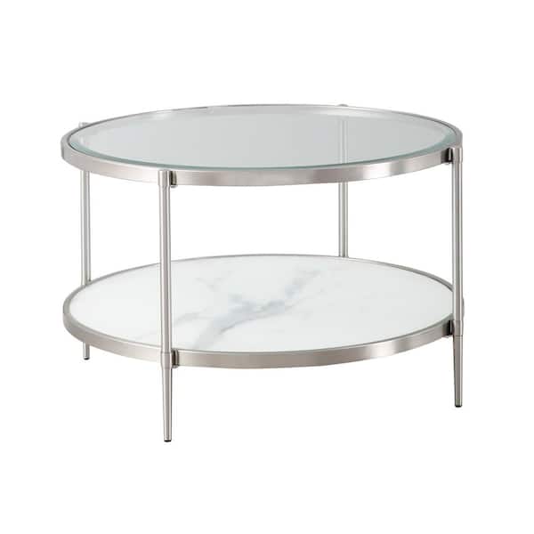 Silvery Round Coffee Table, Round Glass Top Coffee Table With Storage