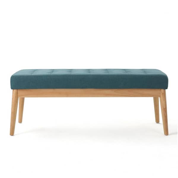 Zeus & Ruta Brown Fabric and Wood Outdoor Ottoman with Teal Cushion for Backyard, Porch, Poolside and Garden