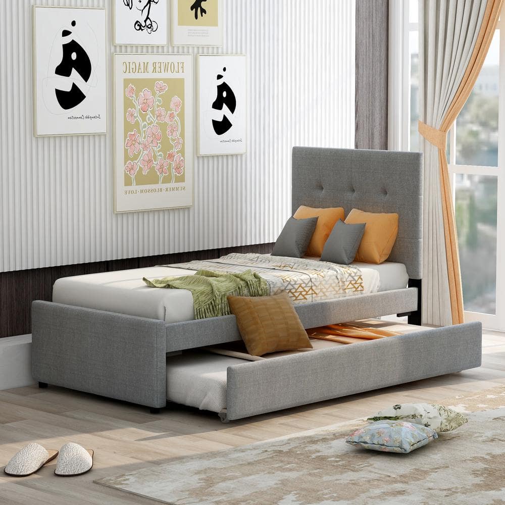 Polibi Gray Wood Frame Twin Size Upholstered Platform Bed With ...