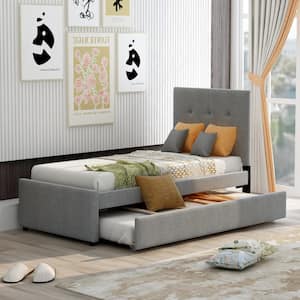Gray Wood Frame Twin Size Upholstered Platform Bed With Headboard and Trundle