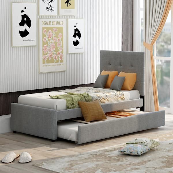 Polibi Gray Wood Frame Twin Size Upholstered Platform Bed With Headboard and Trundle