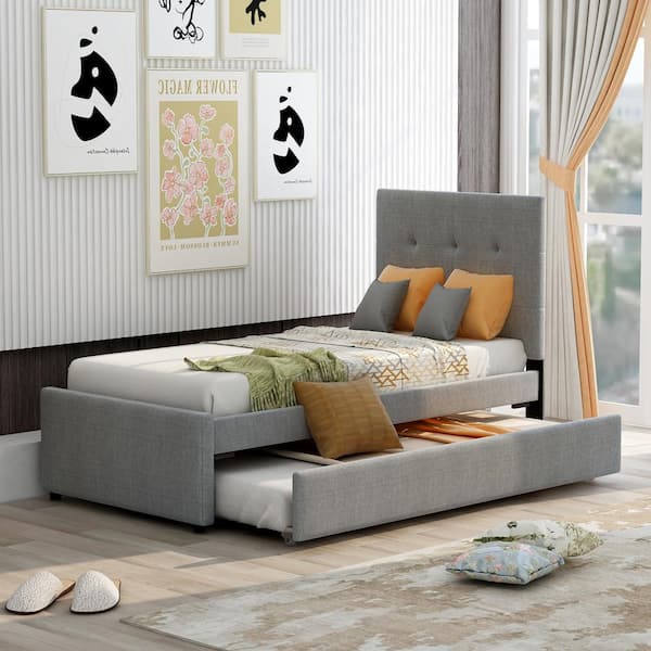 Polibi Gray Wood Frame Twin Size Upholstered Platform Bed with Headboard and Trundle