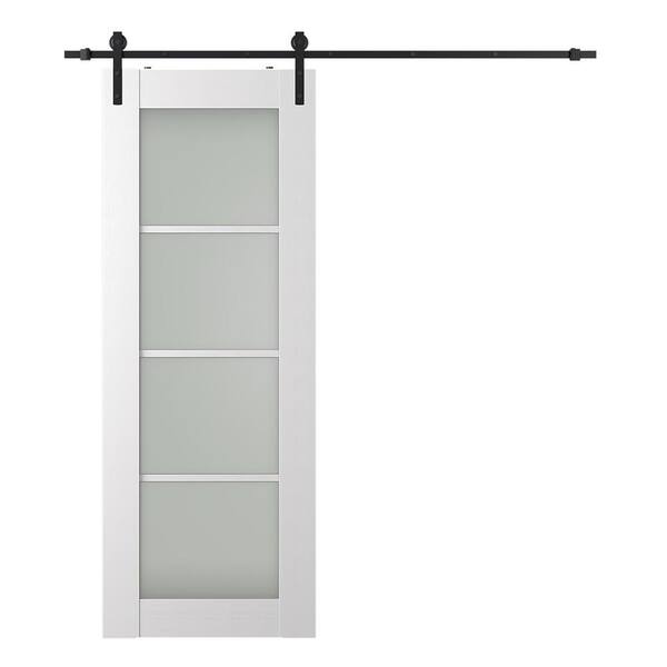 Belldinni Paola 18 in. x 84 in. 4-Lite Frosted Glass Bianco Noble Wood Composite Sliding Barn Door with Hardware Kit