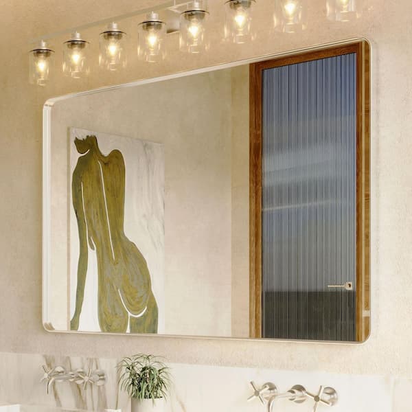 40 in. W x 60 in. H Rectangular Aluminum Framed Modern Silver Rounded Wall Mirror