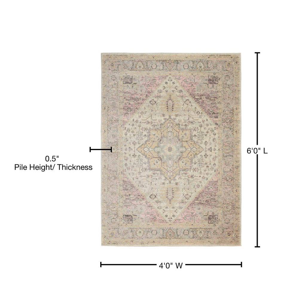 Ivory & Pink Synthetic 4'x6' Easy-Care Rectangular Rug