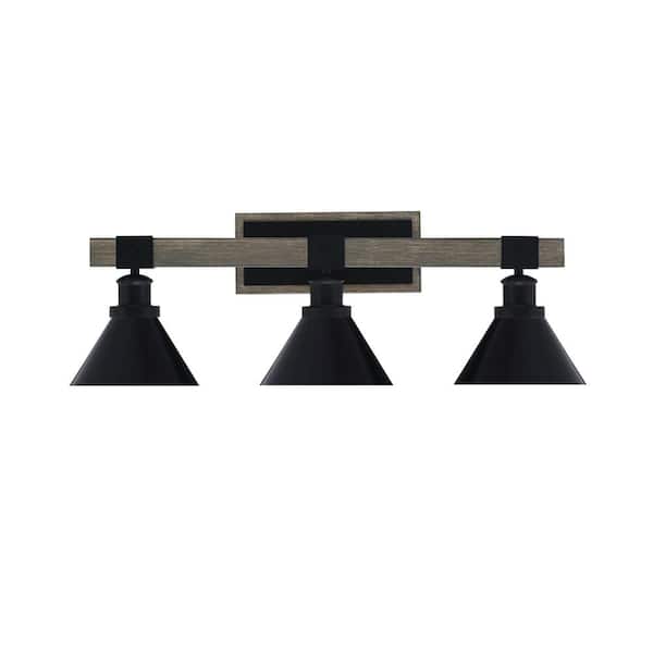 Unbranded Richmond 27 in. 3-Light Vanity Light Matte Black and Wood-look Metal with 7 in. Black Metal Shade no bulbs included