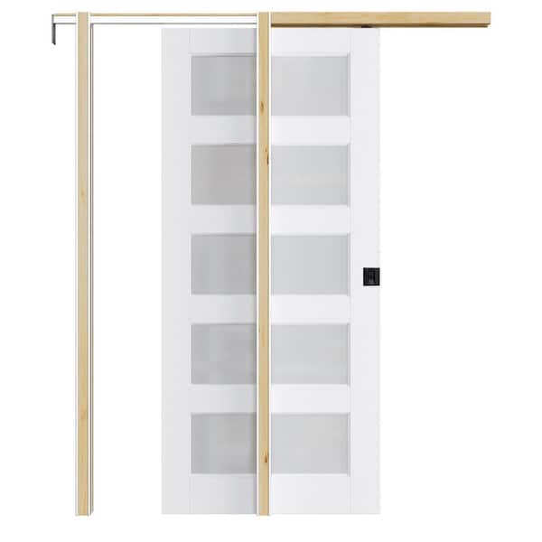 36 in. x 96 in. 5-Lite Frosted Glass White Primed Wood Pocket Door with Hardware (Soft Close and Black Lock Included)