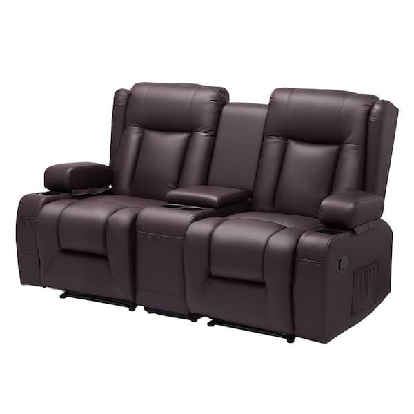 Loveseat Recliner Sofa, Manual Reclining Couch with Center Console, PU Faux Leather Recliner Sofa with USB Ports