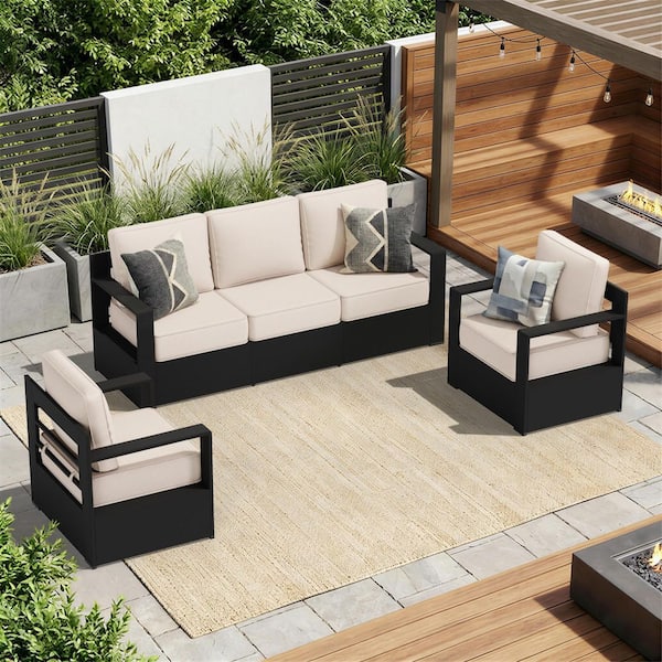 3-Piece Black Aluminum Outdoor Patio Furniture Conversation Set with Beige Cushions