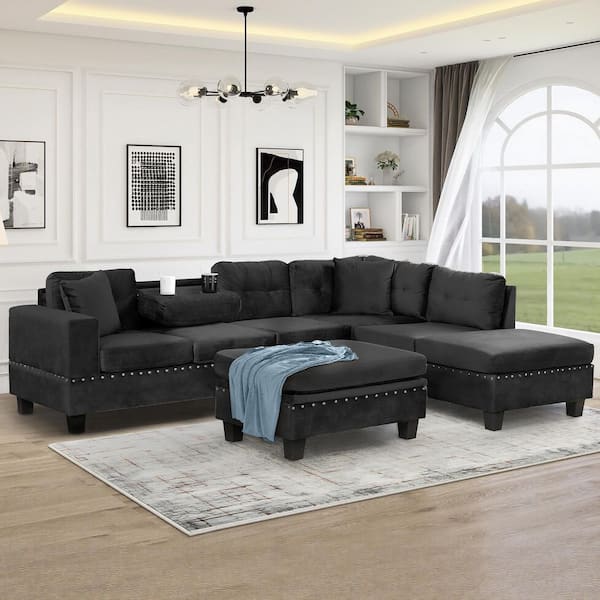 Cheerful 105.1 in. Velvet Upholstered L Shape Sectional Sofa in Black with Storage Ottoman, 2 Pillows, Cup Holders