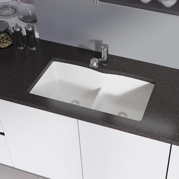 Rene Ivory Granite Quartz 33 In Double Bowl Undermount Kitchen Sink Kit R3 1007 Ivr St Cgs The Home Depot