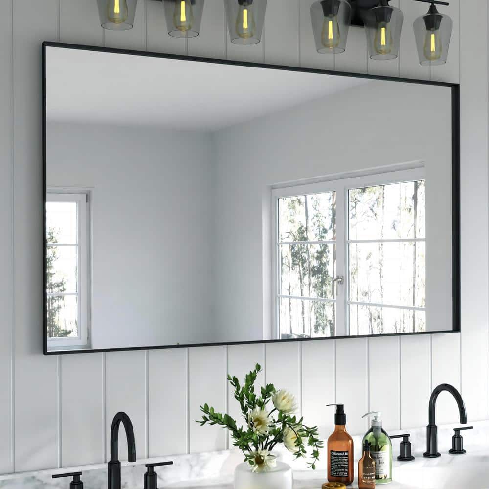 Large Black Aluminum Framed Rectangular Wall Mirror, 60" x 36"