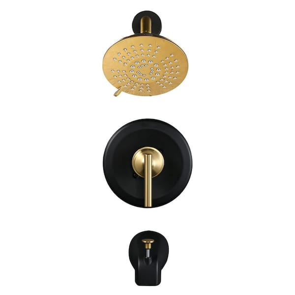 5-Spray Patterns 1.8 GPM 6 in. Wall Mount Tub and Shower Faucet with Brass Valve in Black and Gold