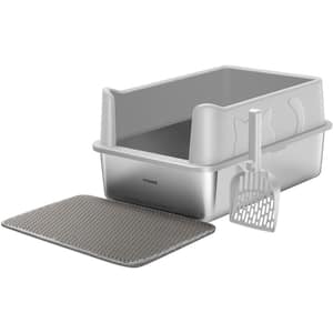 Extra Large Stainless Steel Cat Litter Box with Lid, Litter Mat and Scoop in Light Gray