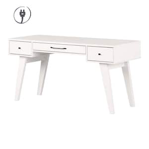 Helsy 59.5 in. Rectangular Pure White Particle board 3-Drawers- Desk with Power Bar