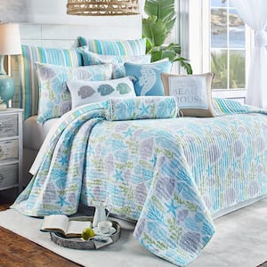 Deva Beach 3-Piece Teal, Grey and White Cotton Full/Queen Quilt Set