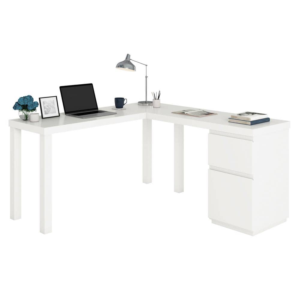 Executive White L-Shaped Desk with Filing Cabinet and Drawers