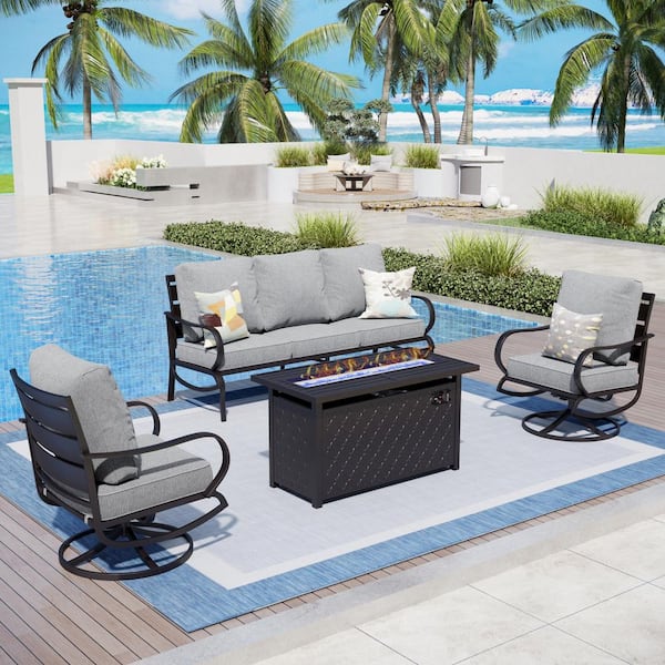 PHI VILLA 5 Seat 4-Piece Metal Outdoor Patio Conversation Set with Gray Cushions, Swivel Chairs, Rectangular Fire Pit Table