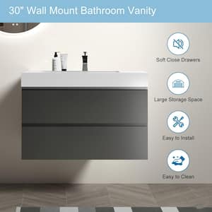 36 in. W x 18 in. D x 25 in. H Single Sink Floating Bath Vanity in Gray with White Solid Surface Top