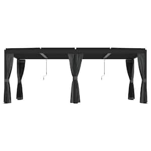 12 ft. W x 20 ft. D Black Galvanized Steel Pergola with Louvered Roof, Curtain, and Protective Netting