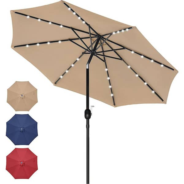 HOTEBIKE 9 ft. Steel Market Solar Tilt Patio Umbrella with Push Button Tilt/Crank and LED Lights in Tan