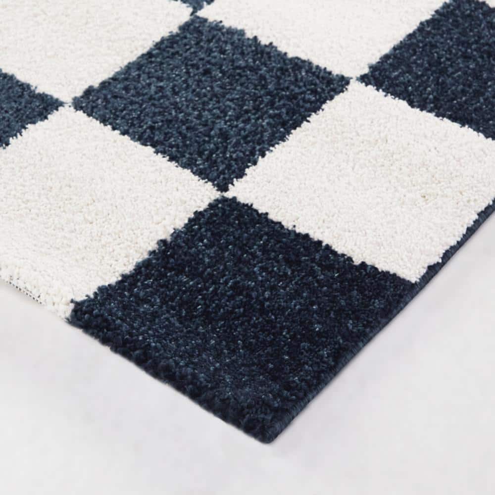 Blue and White Checkered Synthetic Area Rug 5'3" x 7'
