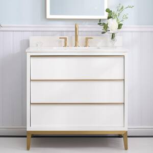 36 in. W x 22 in. D x 35 in. H Solid Wood Bath Vanity in White with White Quartz Top, Single Sink, Soft-Close Drawers